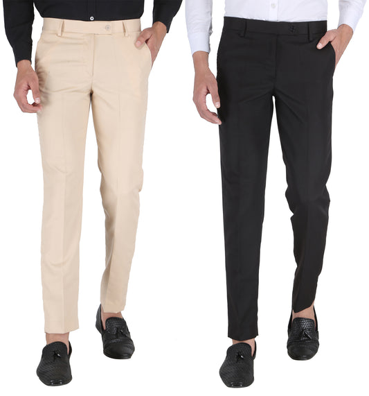 Pack of 2 Men Slim Fit Beige, Black Polycotton Trousers