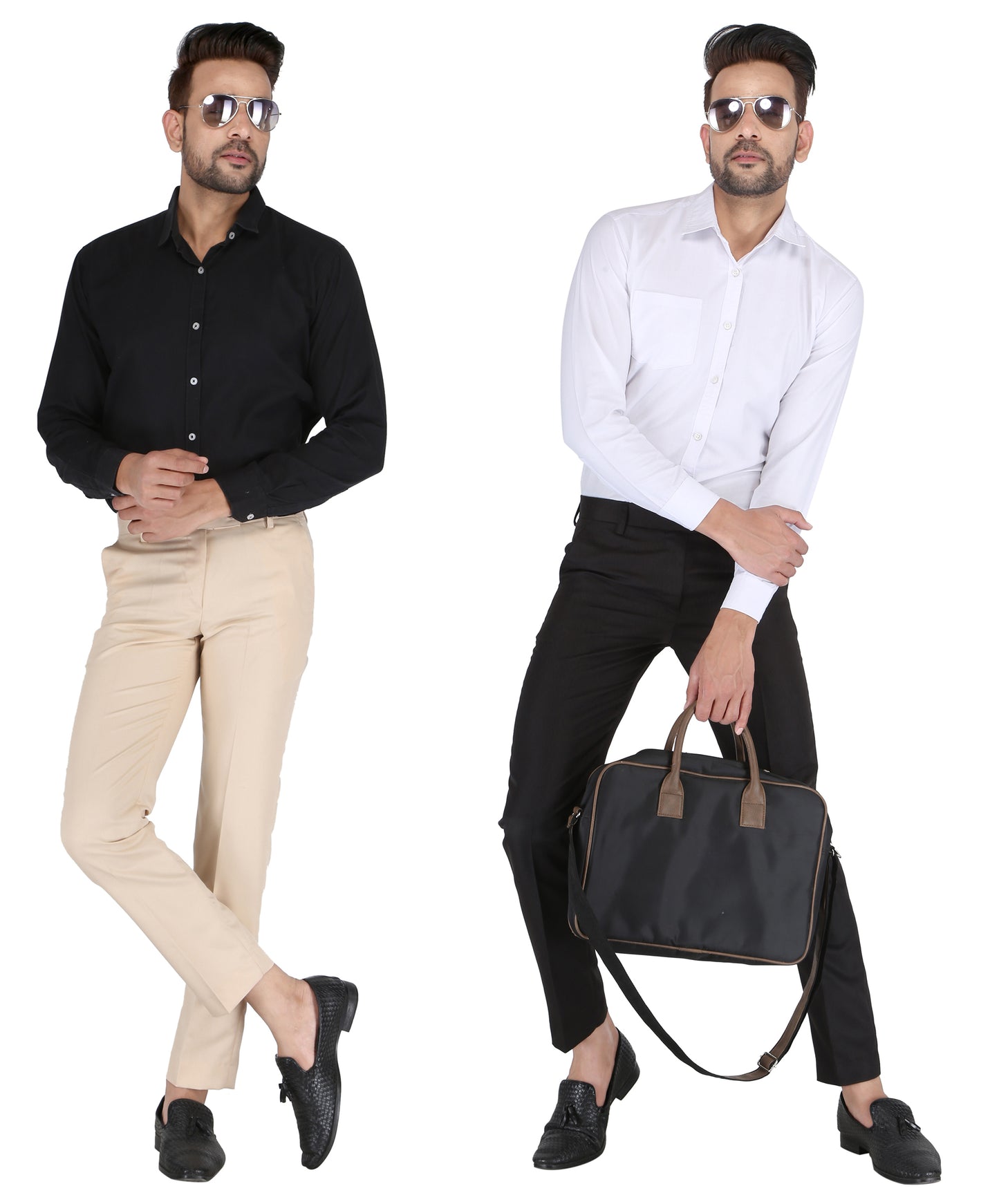 Pack of 2 Men Slim Fit Beige, Black Polycotton Trousers