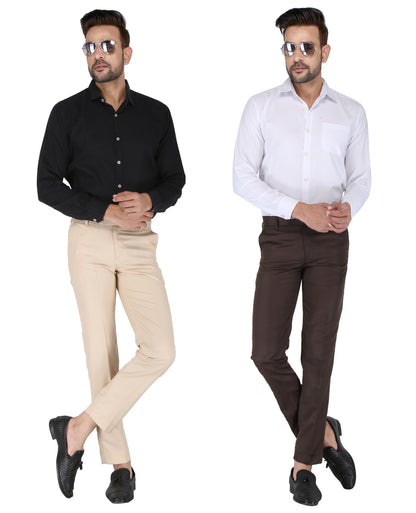 Pack of 2 Men Slim Fit Beige, Brown Polycotton Trousers