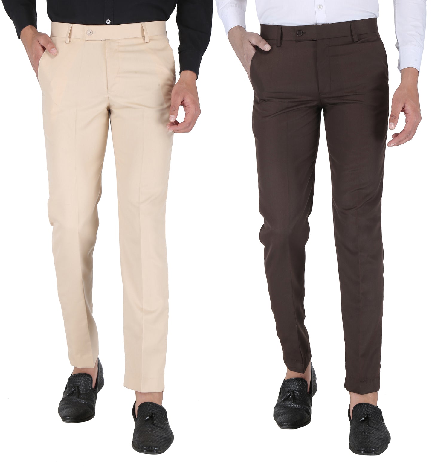 Pack of 2 Men Slim Fit Beige, Brown Polycotton Trousers