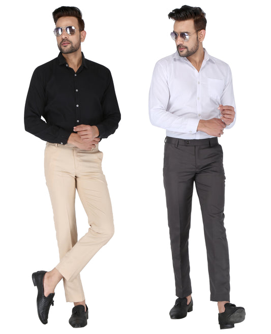 Pack of 2 Men Slim Fit Beige, Darkgrey Polycotton Trousers