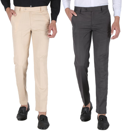 Pack of 2 Men Slim Fit Beige, Darkgrey Polycotton Trousers