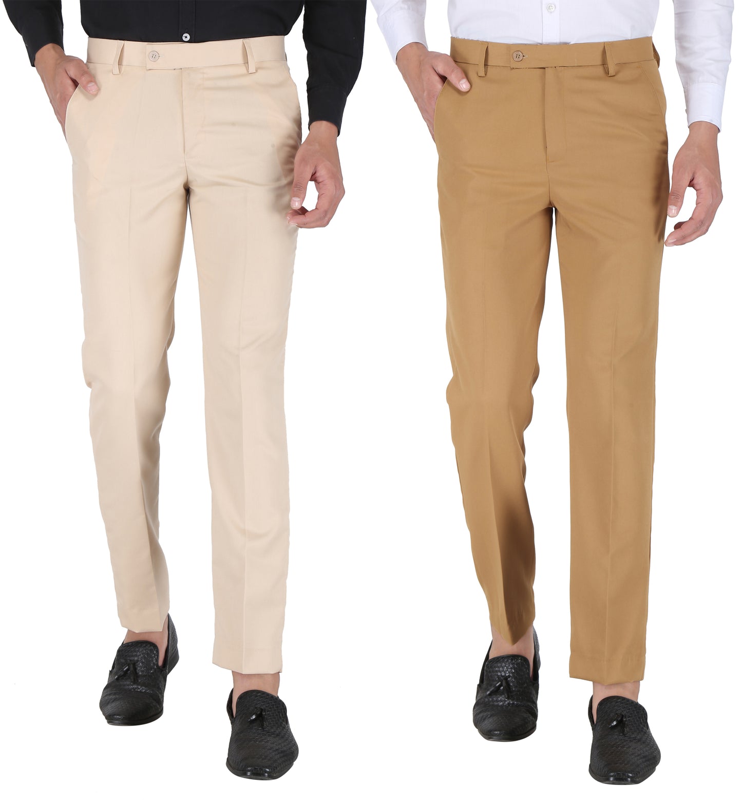 Pack of 2 Men Slim Fit Beige, Khaki Polycotton Trousers