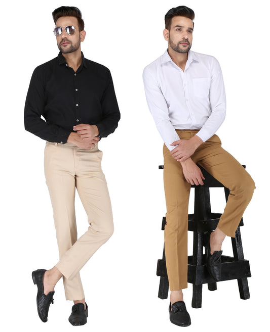 Pack of 2 Men Slim Fit Beige, Khaki Polycotton Trousers