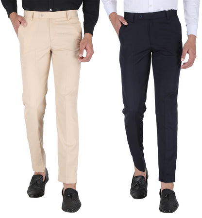 Pack of 2 Men Slim Fit Beige, Navy Blue Polycotton Trousers