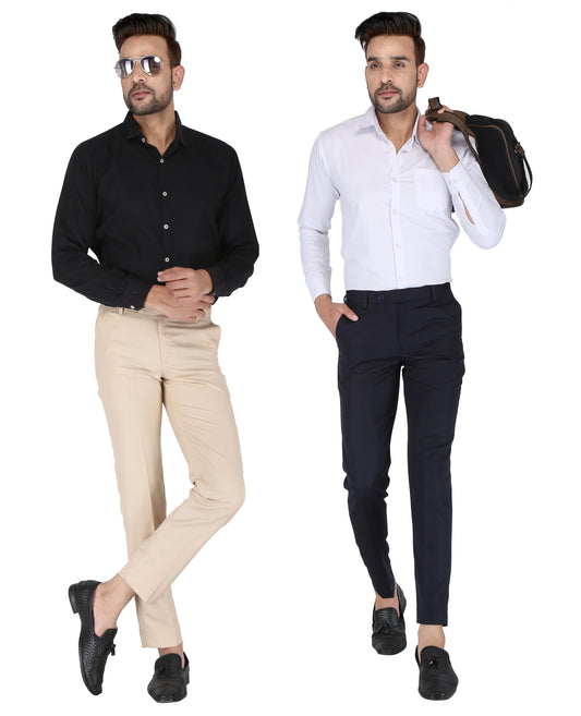 Pack of 2 Men Slim Fit Beige, Navy Blue Polycotton Trousers