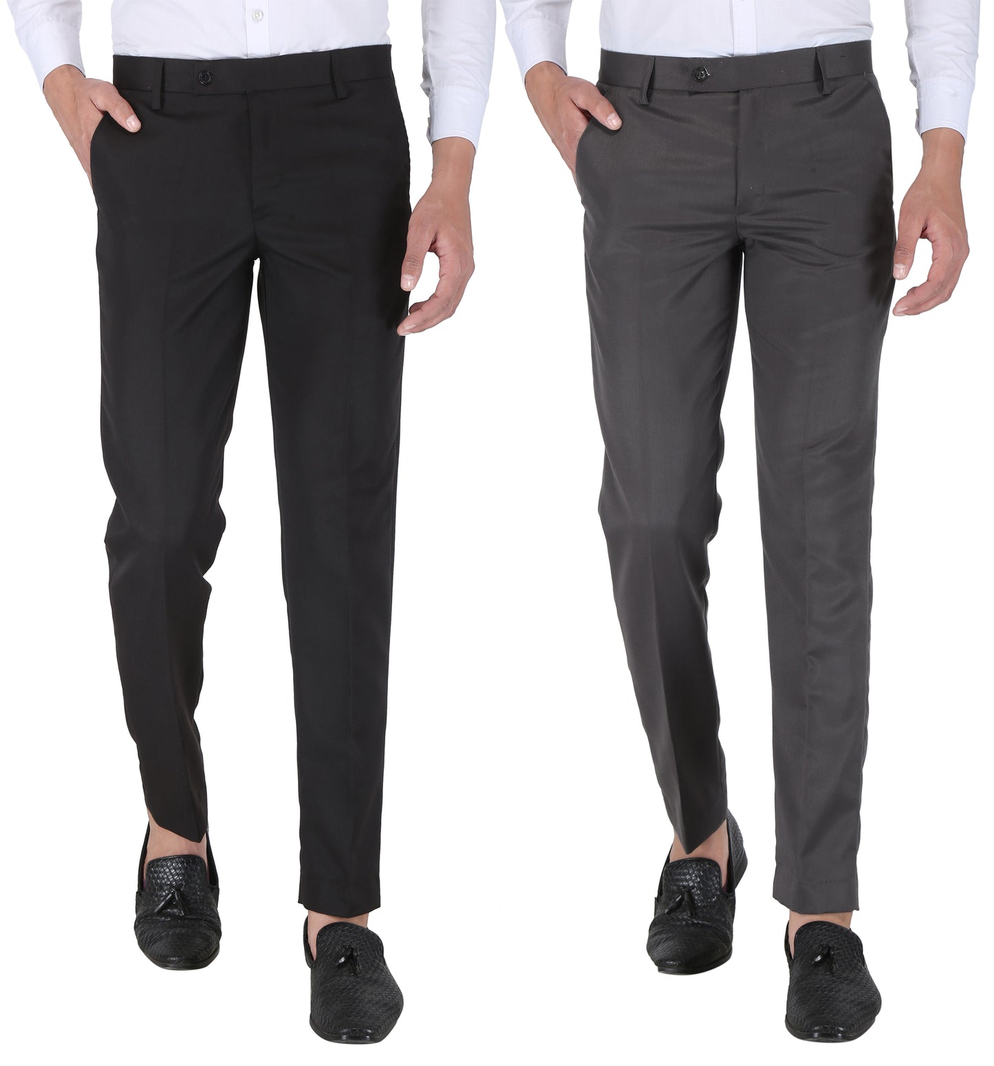 Pack of 2 Men Slim Fit Dark Grey, Black Polycotton Trousers