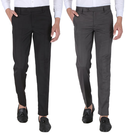 Pack of 2 Men Slim Fit Dark Grey, Black Polycotton Trousers