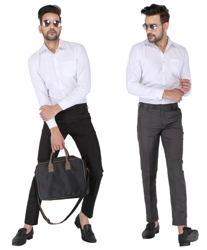 Pack of 2 Men Slim Fit Dark Grey, Black Polycotton Trousers