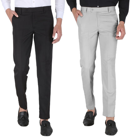 Pack of 2 Men Slim Fit Grey, Black Polycotton Trousers