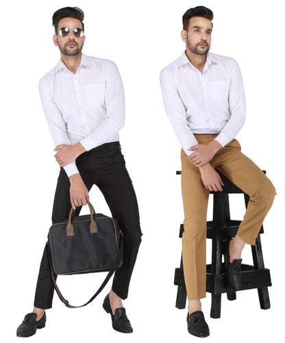 Pack of 2 Men Slim Fit Khaki, Black Polycotton Trousers