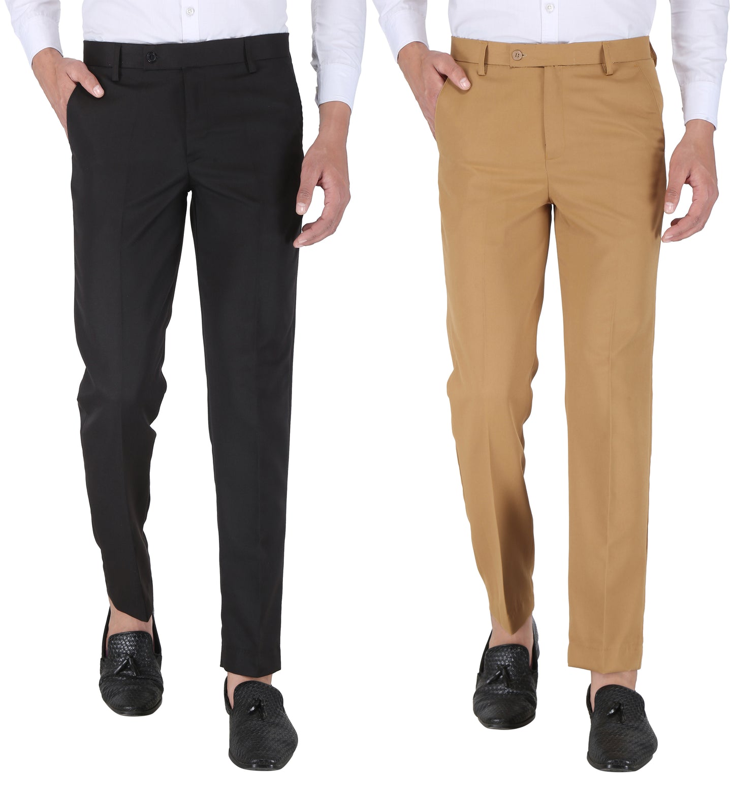 Pack of 2 Men Slim Fit Khaki, Black Polycotton Trousers