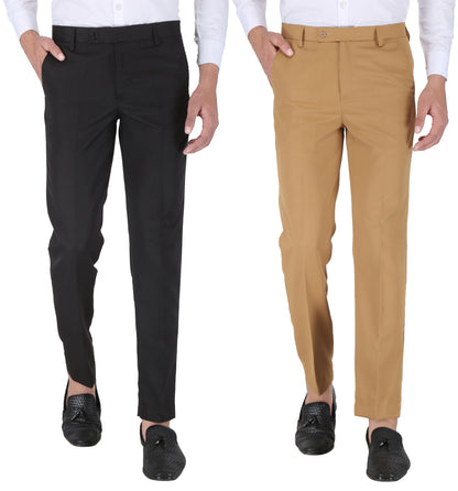 Pack of 2 Men Slim Fit Khaki, Black Polycotton Trousers