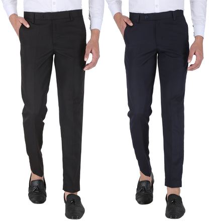 Pack of 2 Men Slim Fit Navy Blue, Black Polycotton Trousers