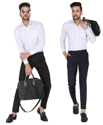 Pack of 2 Men Slim Fit Navy Blue, Black Polycotton Trousers