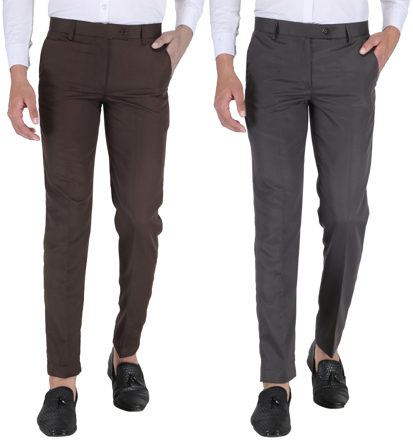 Pack of 2 Men Slim Fit Dark Grey, Brown Polycotton Trousers