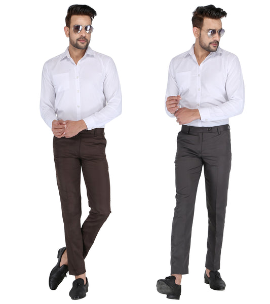 Pack of 2 Men Slim Fit Dark Grey, Brown Polycotton Trousers