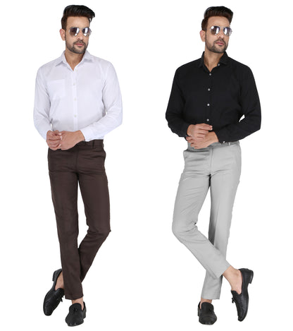 Pack of 2 Men Slim Fit Grey, Brown Polycotton Trousers