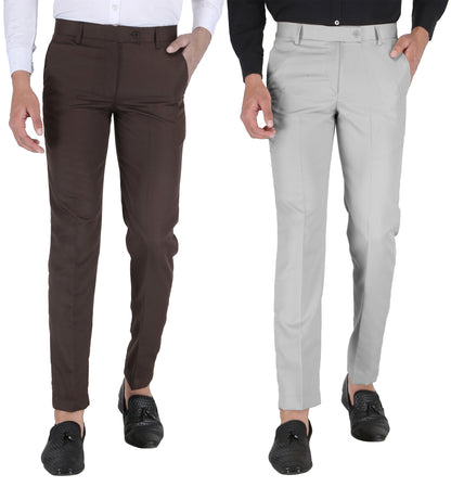 Pack of 2 Men Slim Fit Grey, Brown Polycotton Trousers