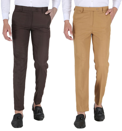 Pack of 2 Men Slim Fit Khaki, Brown Polycotton Trousers