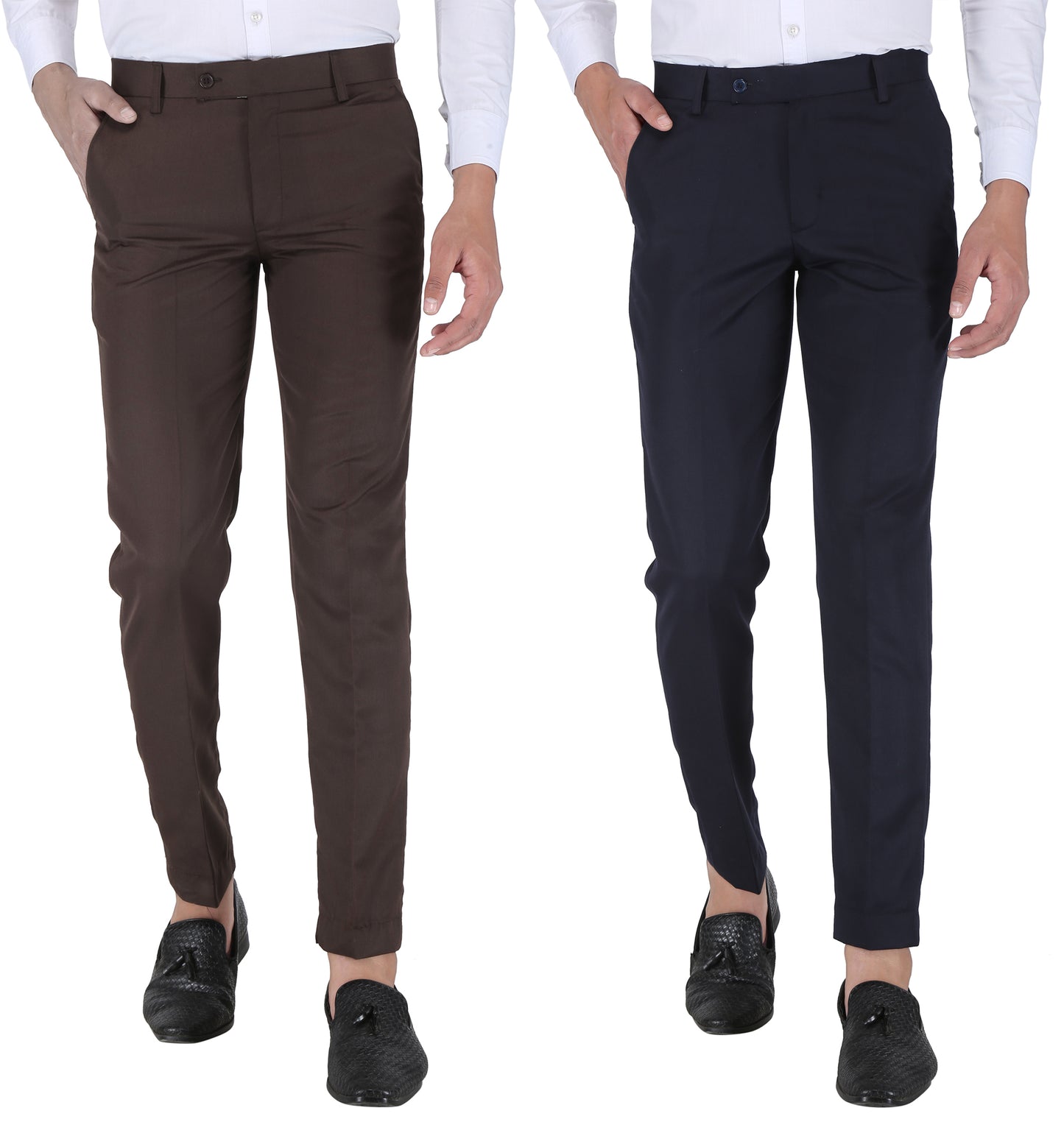 Pack of 2 Men Slim Fit Navy Blue, Brown Polycotton Trousers