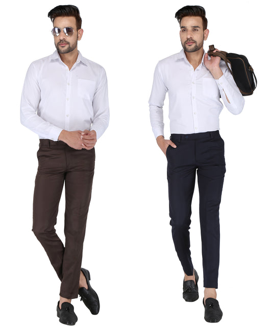 Pack of 2 Men Slim Fit Navy Blue, Brown Polycotton Trousers