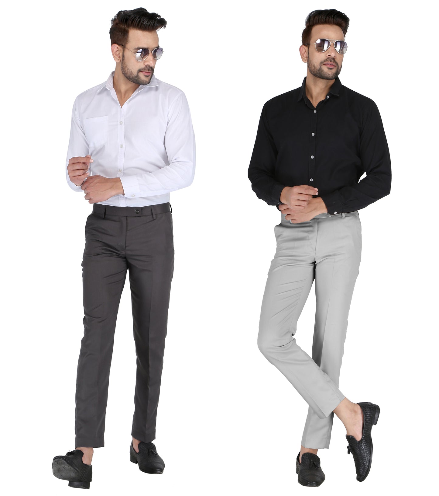 Pack of 2 Men Slim Fit Grey, Dark grey Polycotton Trousers