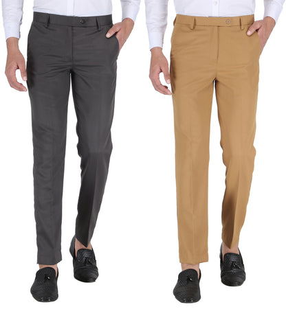 Pack of 2 Men Slim Fit Khaki, Dark grey Polycotton Trousers