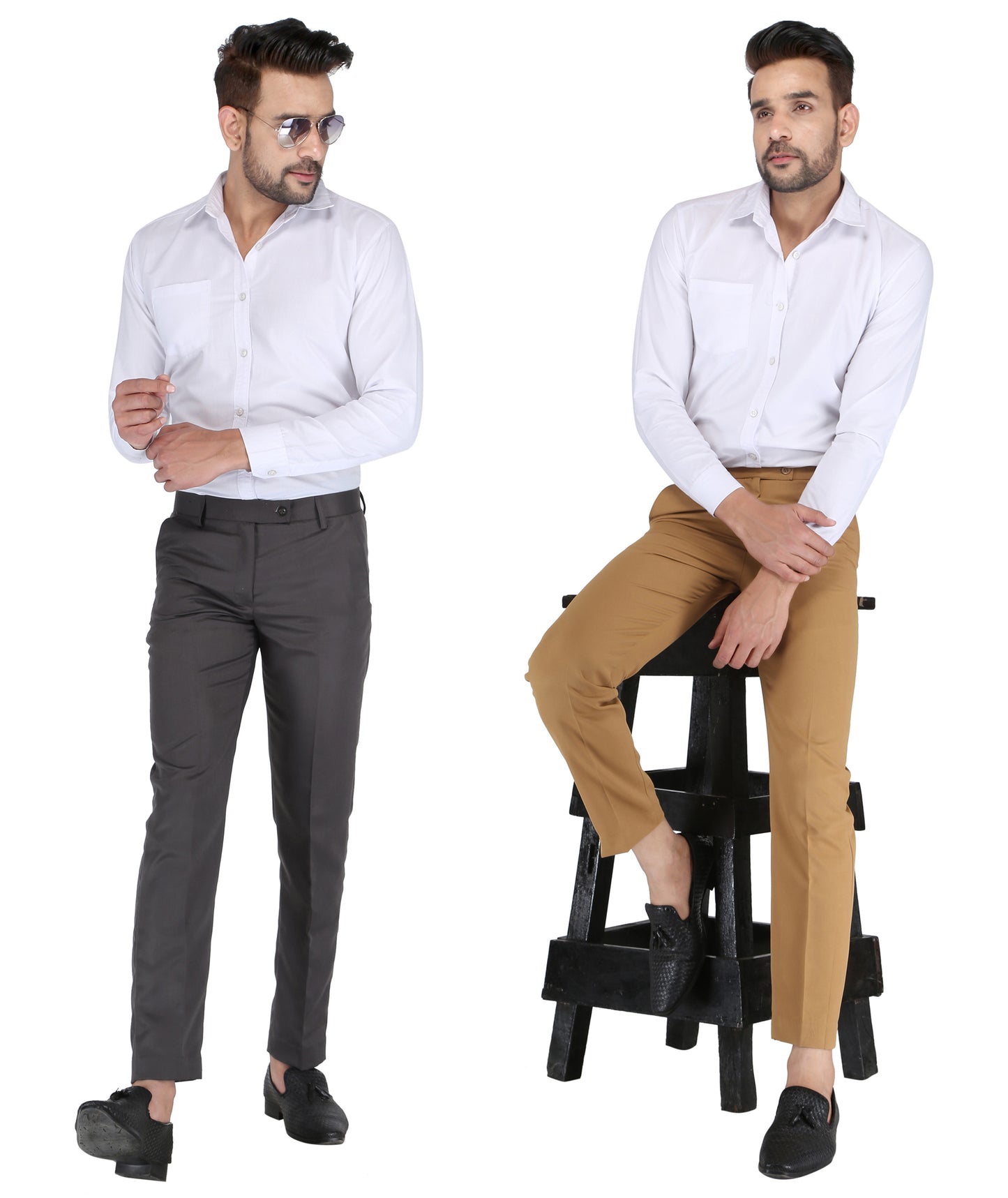 Pack of 2 Men Slim Fit Khaki, Dark grey Polycotton Trousers