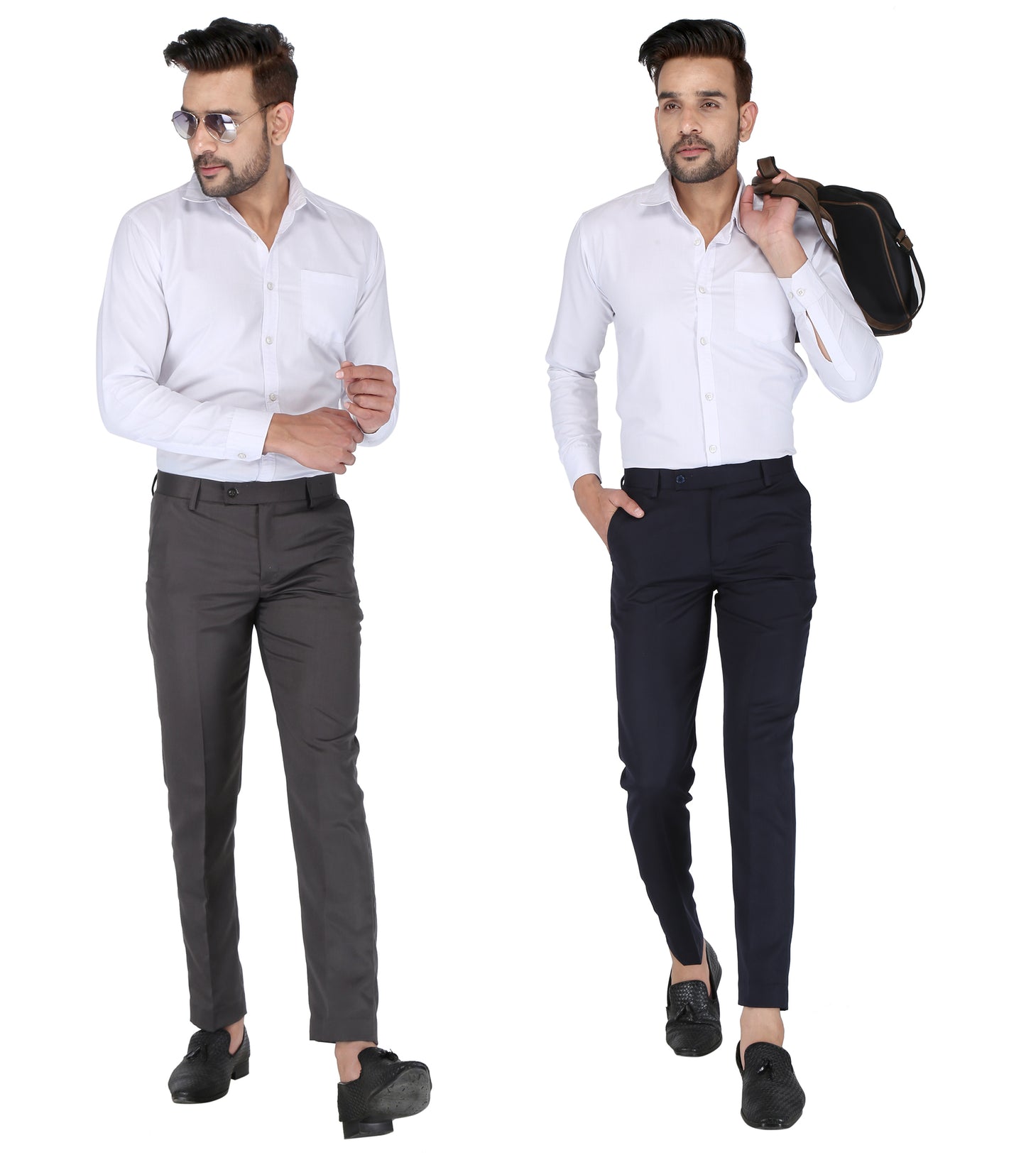 Pack of 2 Men Slim Fit Navy Blue, Dark grey Polycotton Trousers