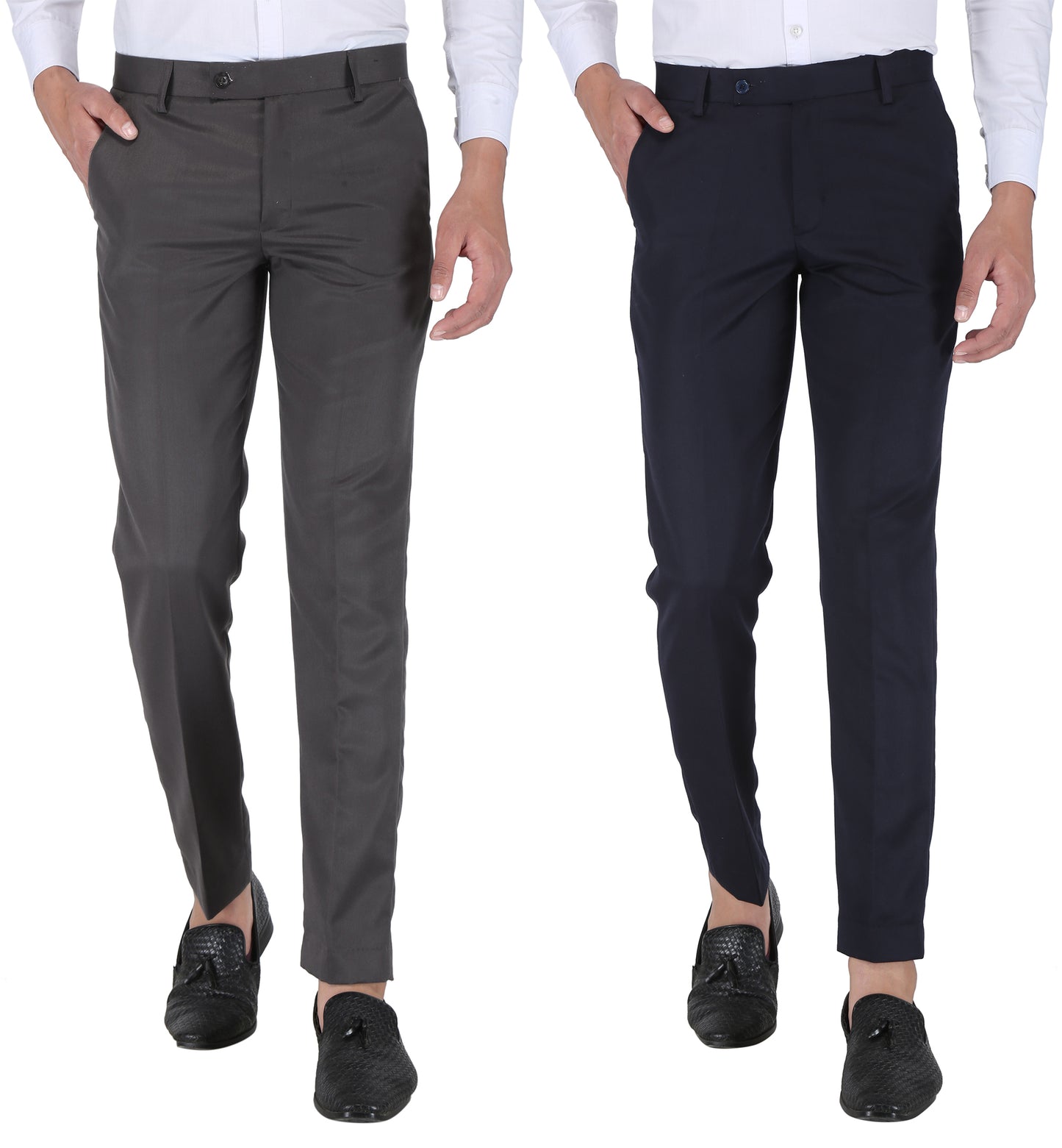 Pack of 2 Men Slim Fit Navy Blue, Dark grey Polycotton Trousers