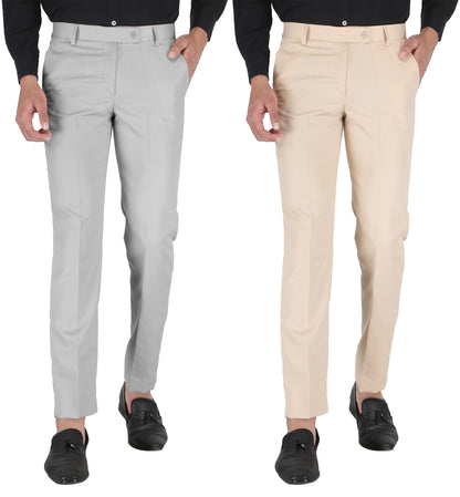 Pack of 2 Men Slim Fit Beige, Grey Polycotton Trousers