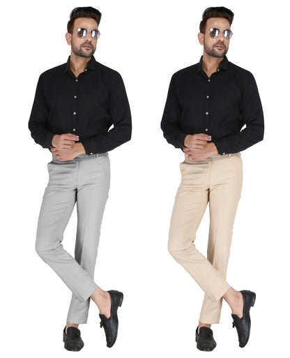 Pack of 2 Men Slim Fit Beige, Grey Polycotton Trousers