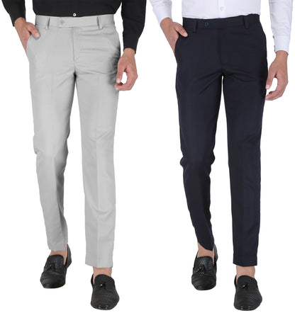 Pack of 2 Men Slim Fit Navy Blue, Grey Polycotton Trousers