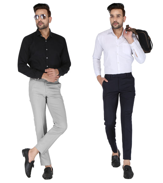 Pack of 2 Men Slim Fit Navy Blue, Grey Polycotton Trousers