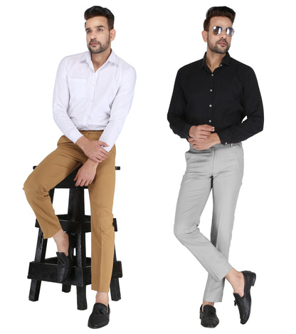 Pack of 2 Men Slim Fit Grey, Khaki Polycotton Trousers