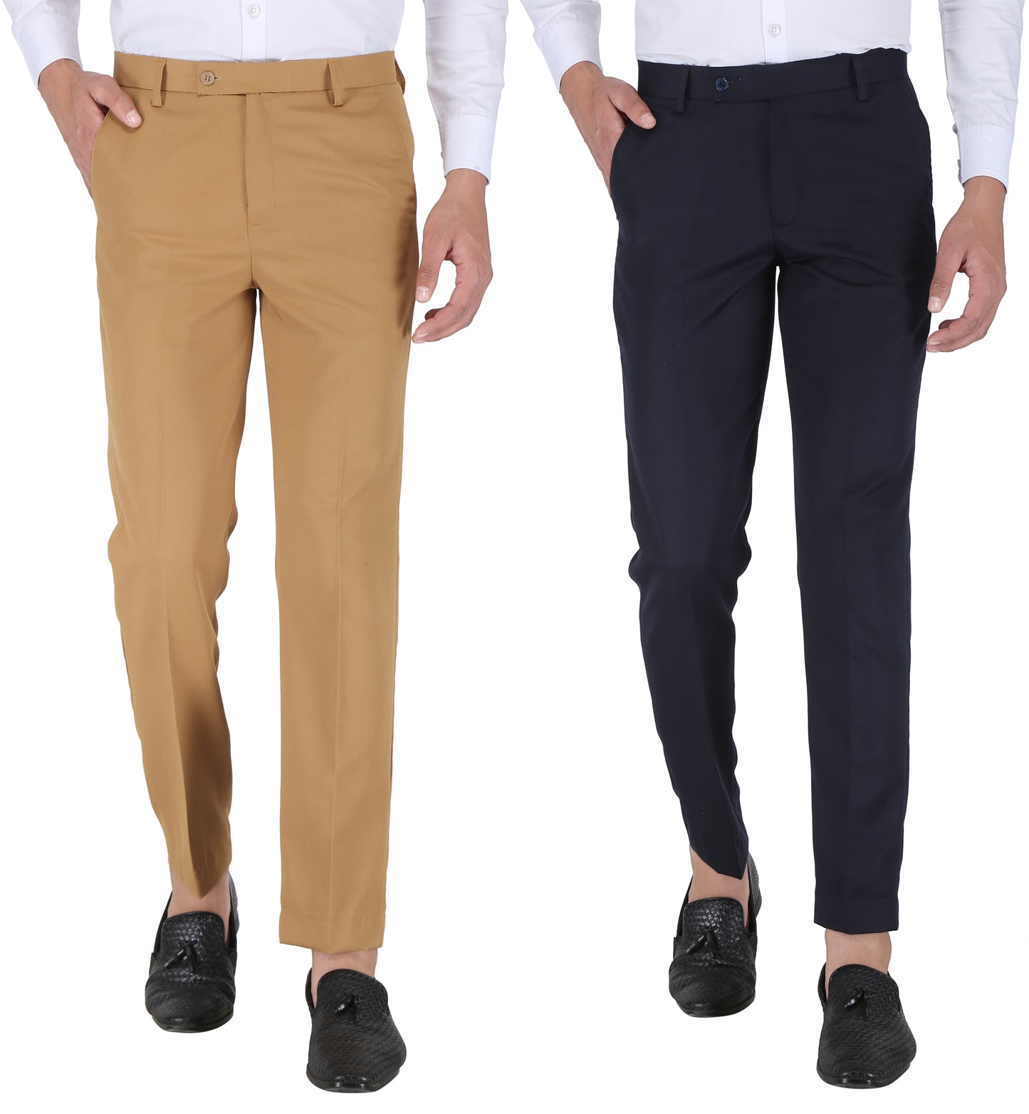 Pack of 2 Men Slim Fit Navy Blue, Khaki Polycotton Trousers