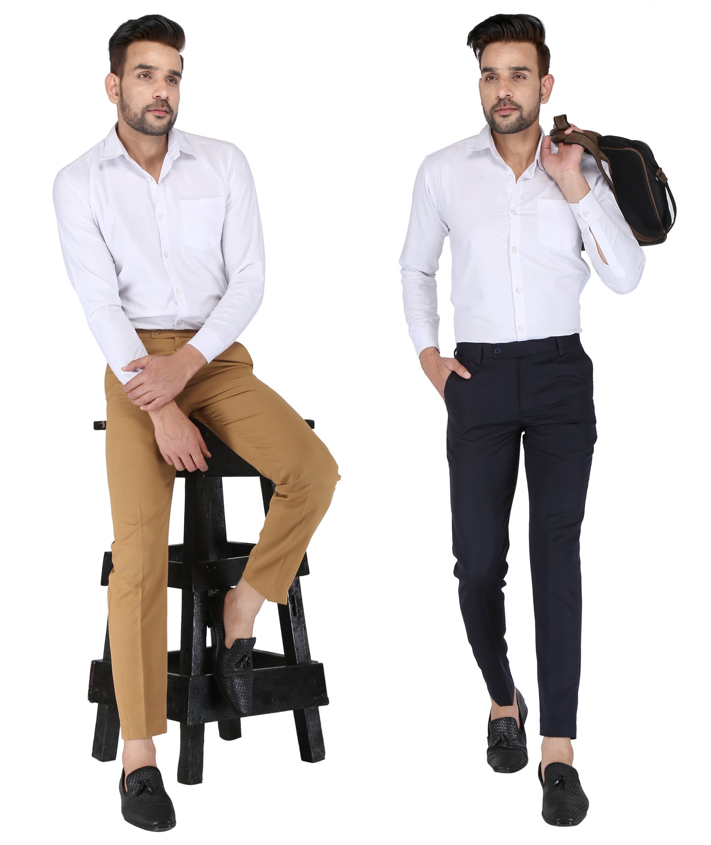 Pack of 2 Men Slim Fit Navy Blue, Khaki Polycotton Trousers