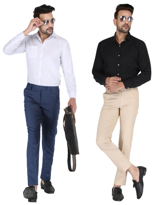 Pack of 2 Men Slim Fit Morepitch, Beige Polycotton Trousers