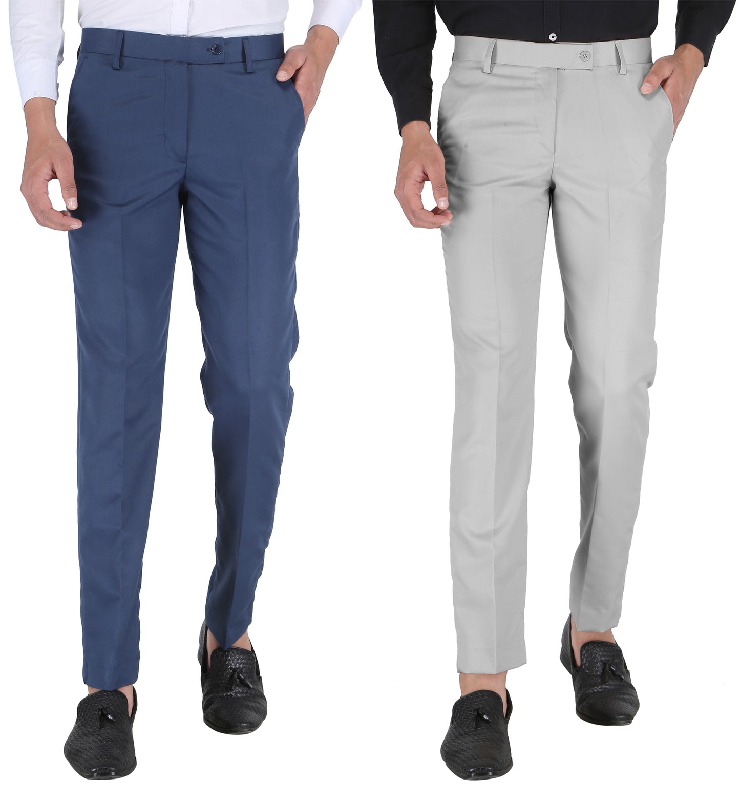 Pack of 2 Men Slim Fit Morepitch, Grey Polycotton Trousers