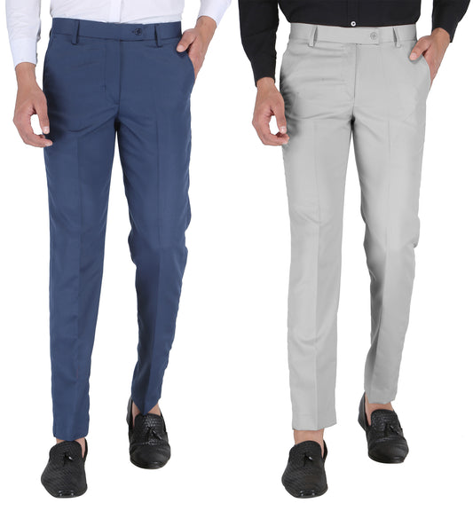 Pack of 2 Men Slim Fit Morepitch, Grey Polycotton Trousers