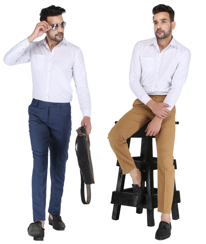 Pack of 2 Men Slim Fit Morepitch, Khaki Polycotton Trousers