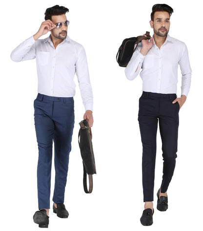 Pack of 2 Men Slim Fit Morepitch, Navy Polycotton Trousers