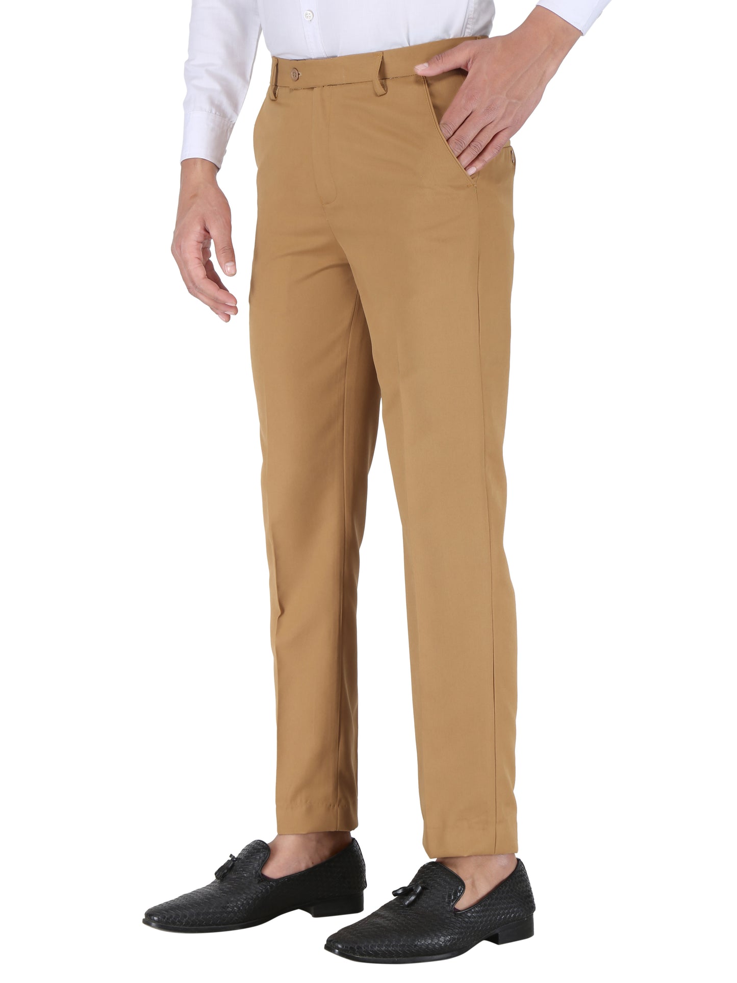 Pack of 2 Men Slim Fit Beige, Khaki Polycotton Trousers