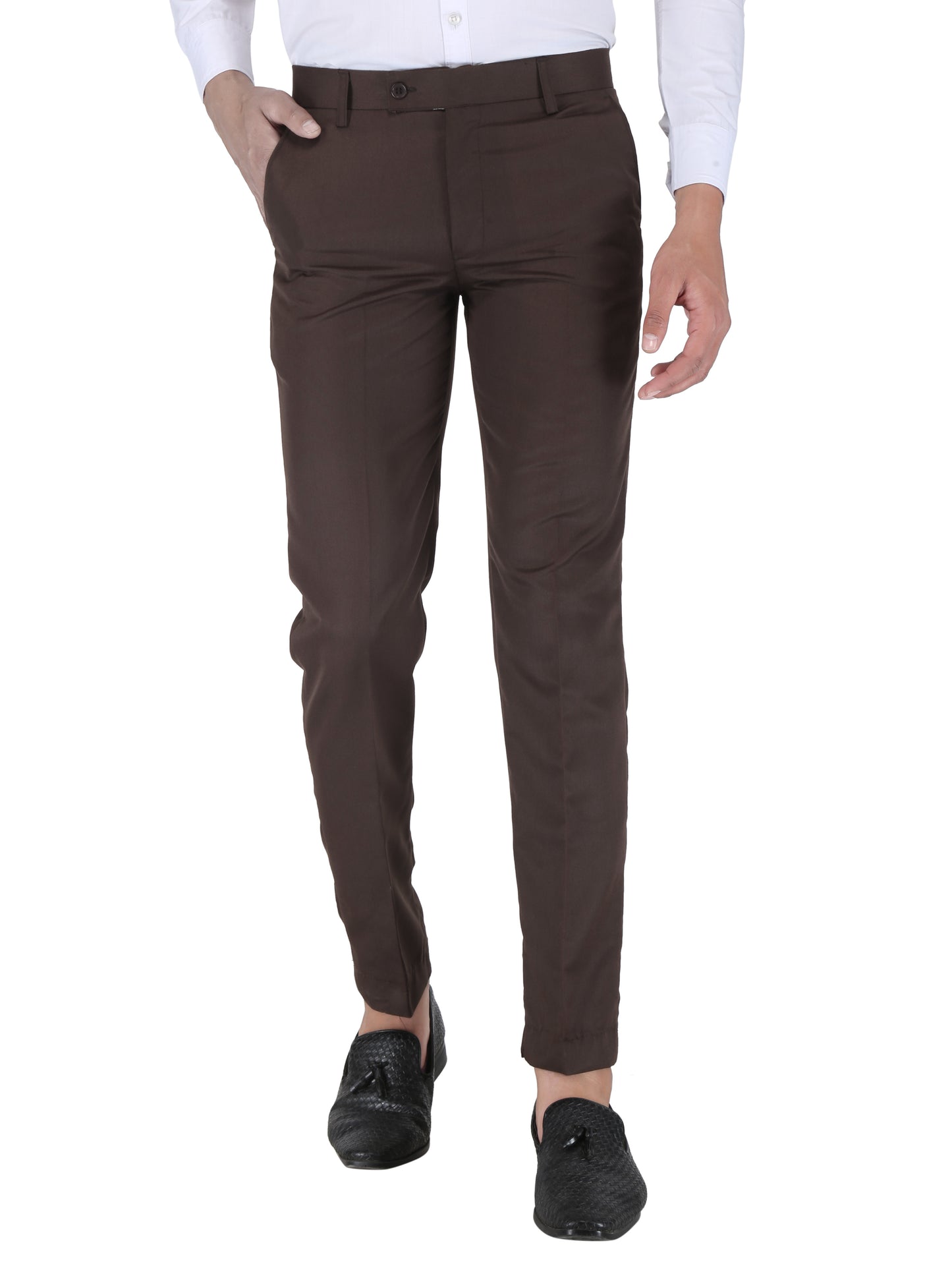 Men Regular Fit Brown Cotton Blend Trousers