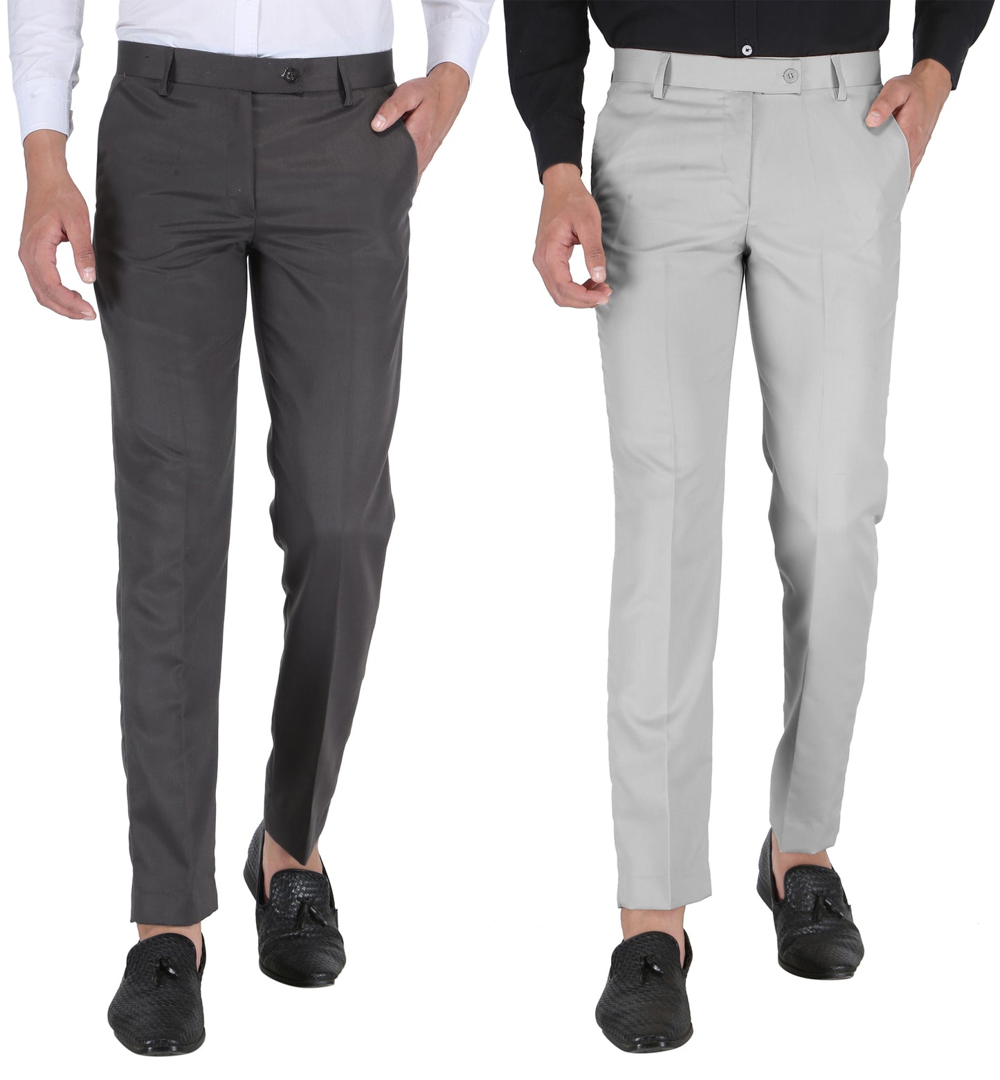 Pack of 2 Men Slim Fit Grey, Dark grey Polycotton Trousers