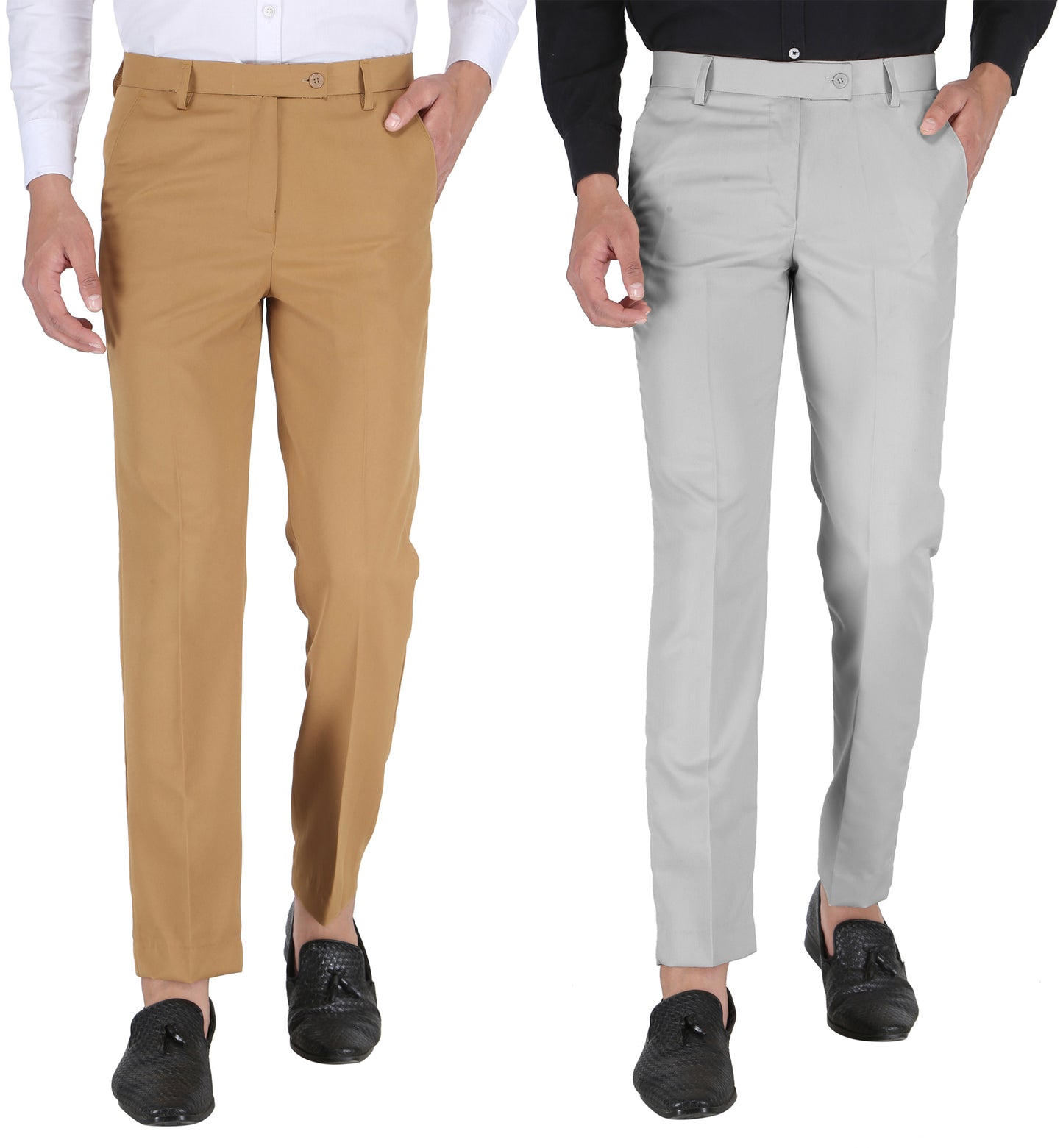 Pack of 2 Men Slim Fit Grey, Khaki Polycotton Trousers